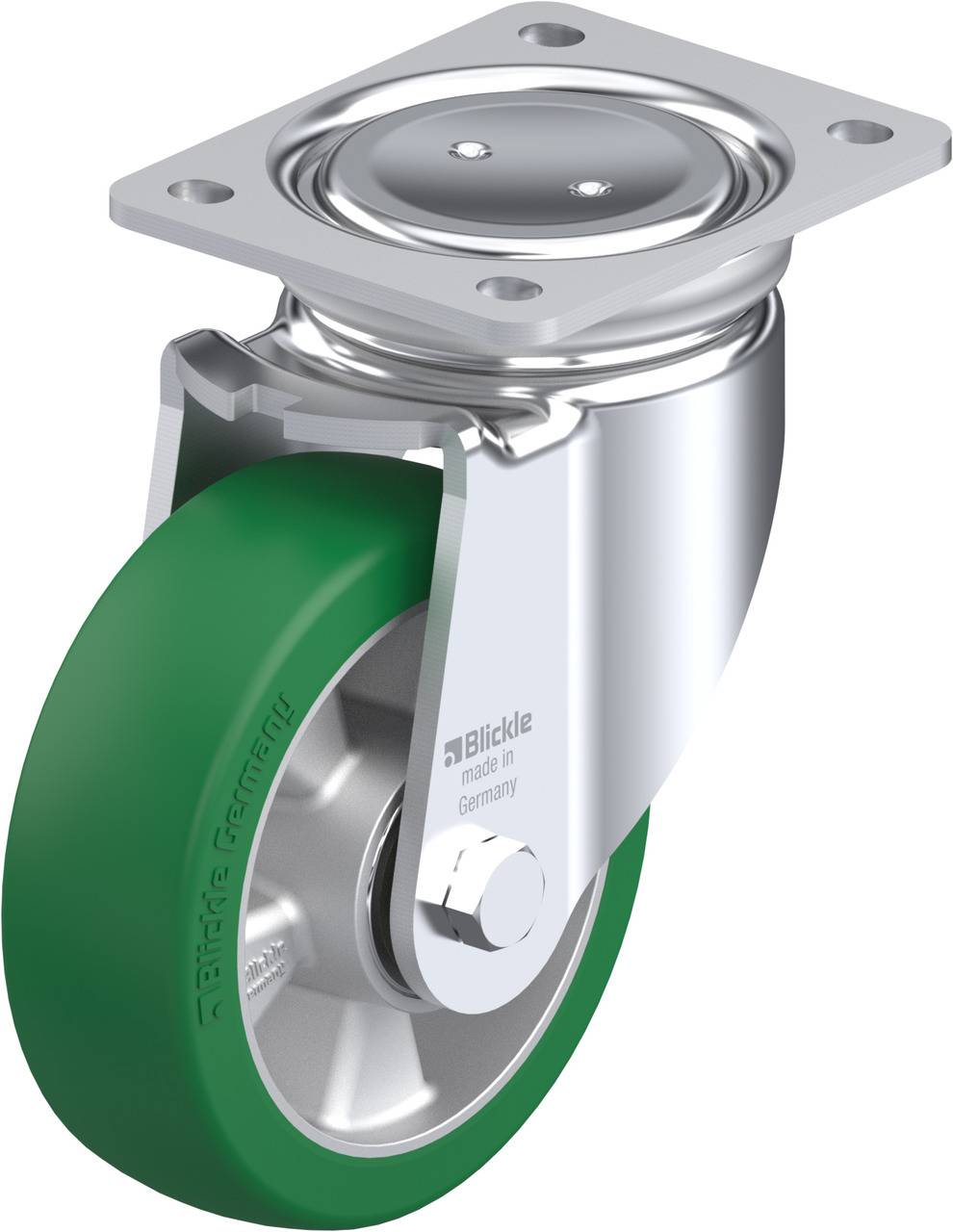 Eine silberne Lenkrolle mit grüner Radlauffläche, geeignet für Möbel oder Geräte, mit einer Montageplatte für einfache Anbringung.