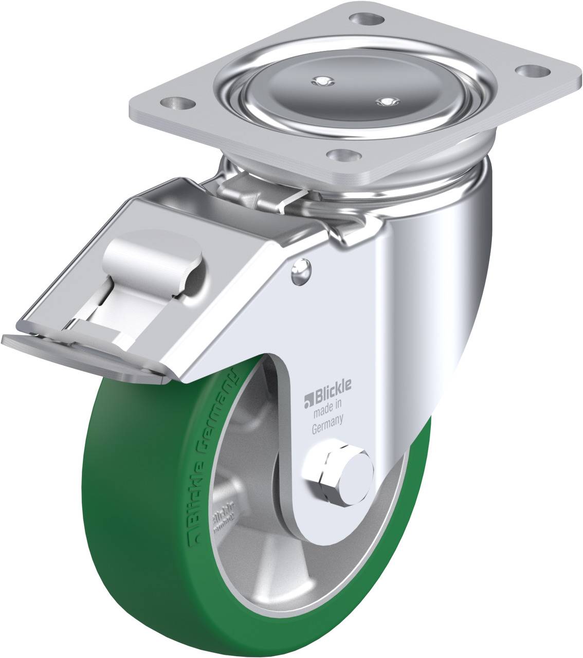 Eine drehbare Lenkrolle mit grünem Rad und Metallplatte zur Befestigung. Geeignet für Möbel und Industrieanwendungen.