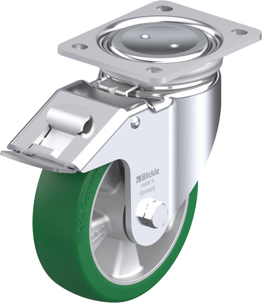 Schwenkrolle mit Bremse und grünem Rad. Markenname 'Blickle' und 'made in Germany' auf der Halterung sichtbar.
