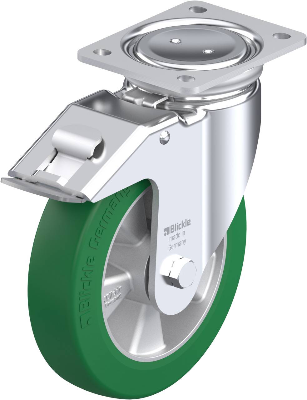 Metallisches Schwenk-Rollenlager mit grüner Gummirad, Lenkplatte und Bremse oben. Geeignet für industrielle Anwendungen.