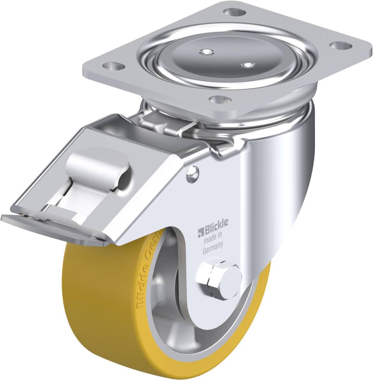 Metallische Lenkrolle mit gelbem Gummirad, seitlicher Feststellbremse und rechteckiger Montageplatte. Geeignet für Lastenrollenmontage.