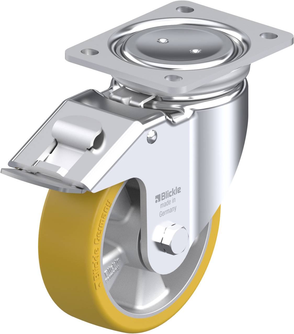 Schwenkrolle mit gelbem Rad und Befestigungsplatte. Hochwertiges Material, geeignet für bewegliche Geräte. Marke: Blickle.