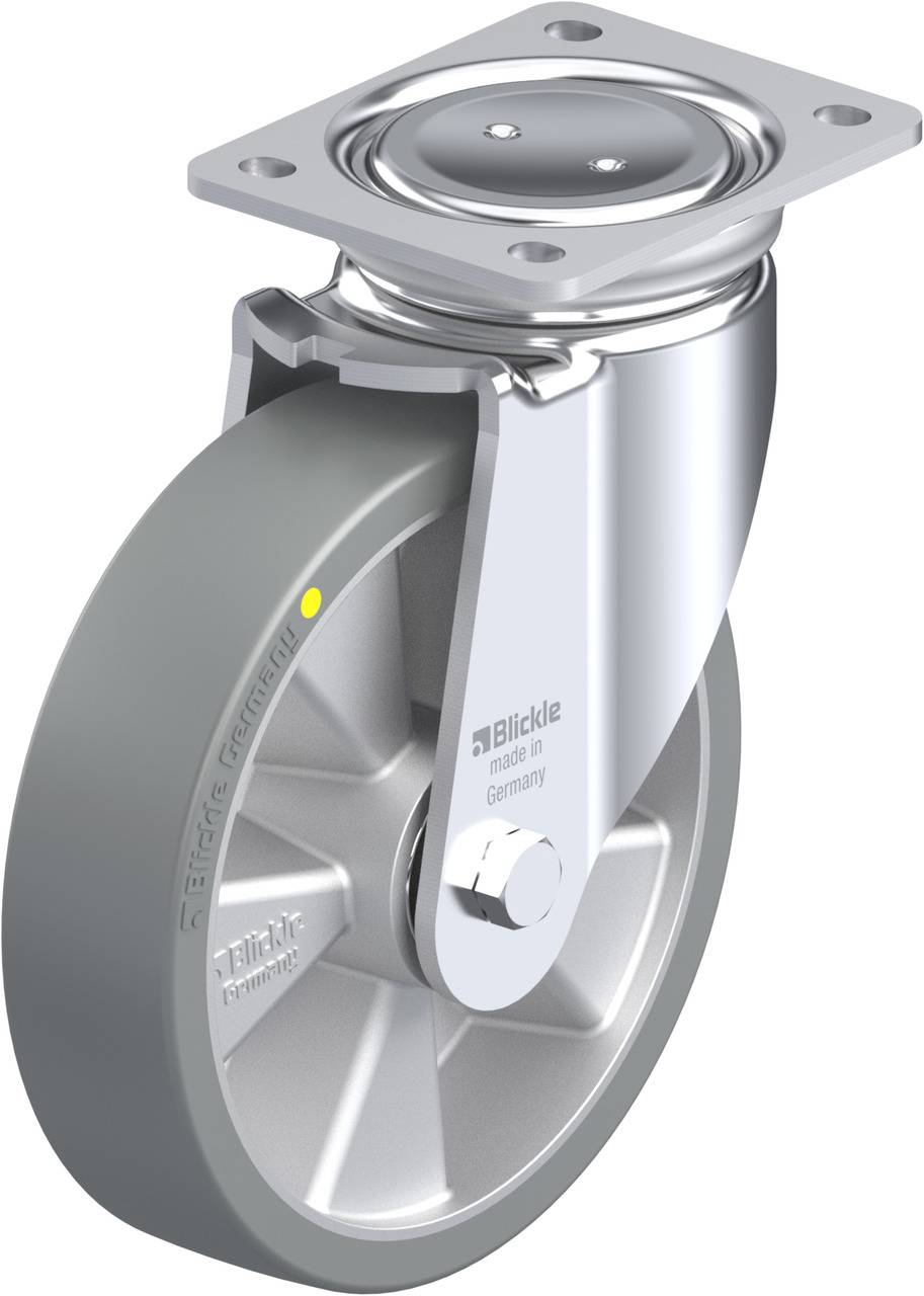 Schwenkrolle aus Metall mit Gummirad und rechteckiger Montageplatte, genutzt für leichte bis mittlere Lasten in Mobilitätsanwendungen.