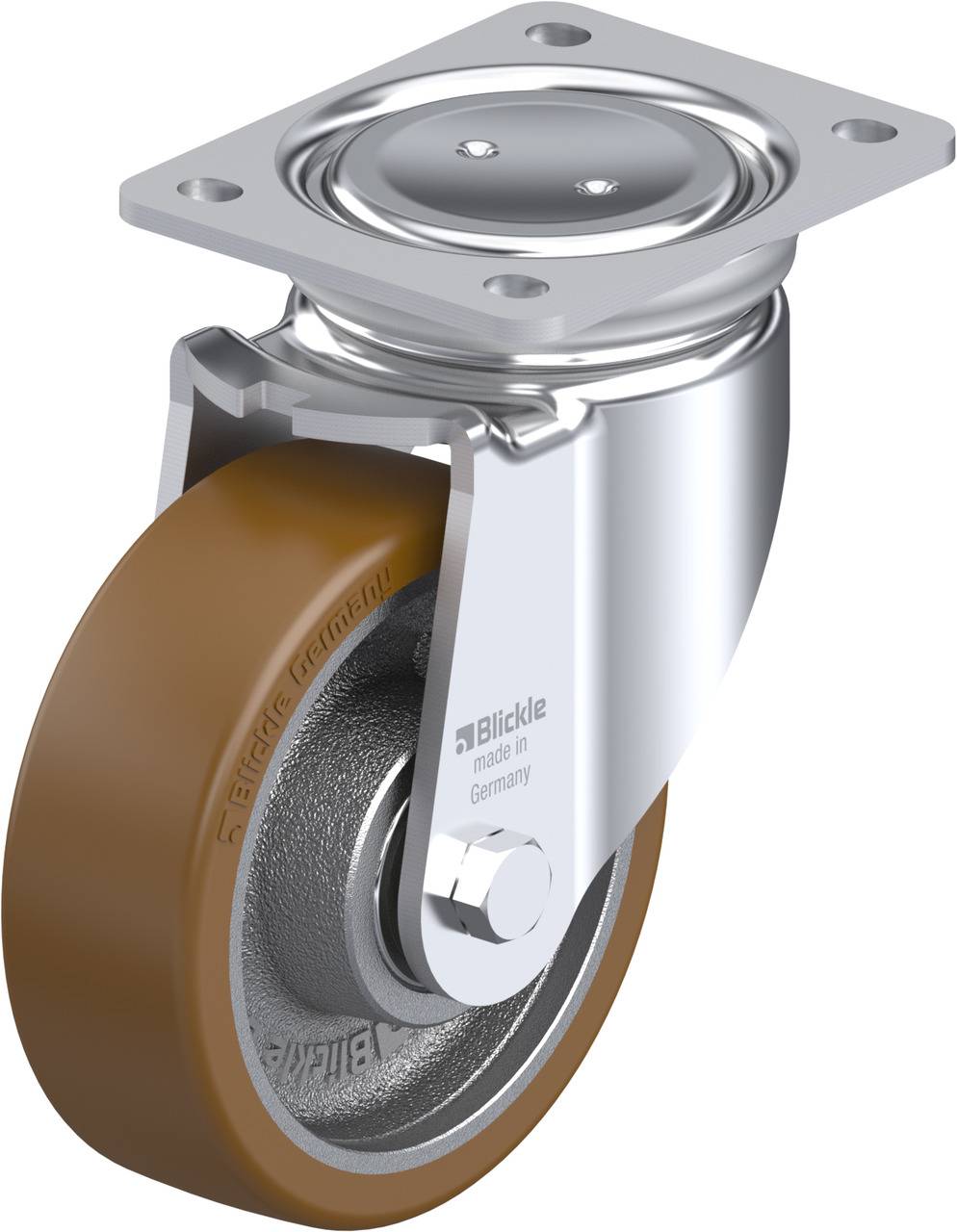 Schwenkrolle mit braunem Polyurethanrad und silbernem Gehäuse. Geeignet für Transportwagen, bietet eine flexible Bewegung.