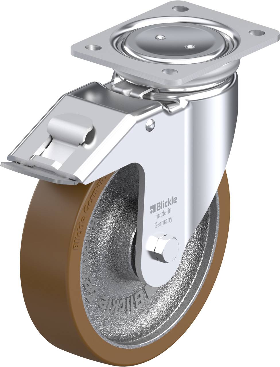 Industrie-Lenkrolle mit grauem Gummi, Metallgehäuse und drehbarer Befestigung. Geeignet für den Einsatz in Transportgeräten.