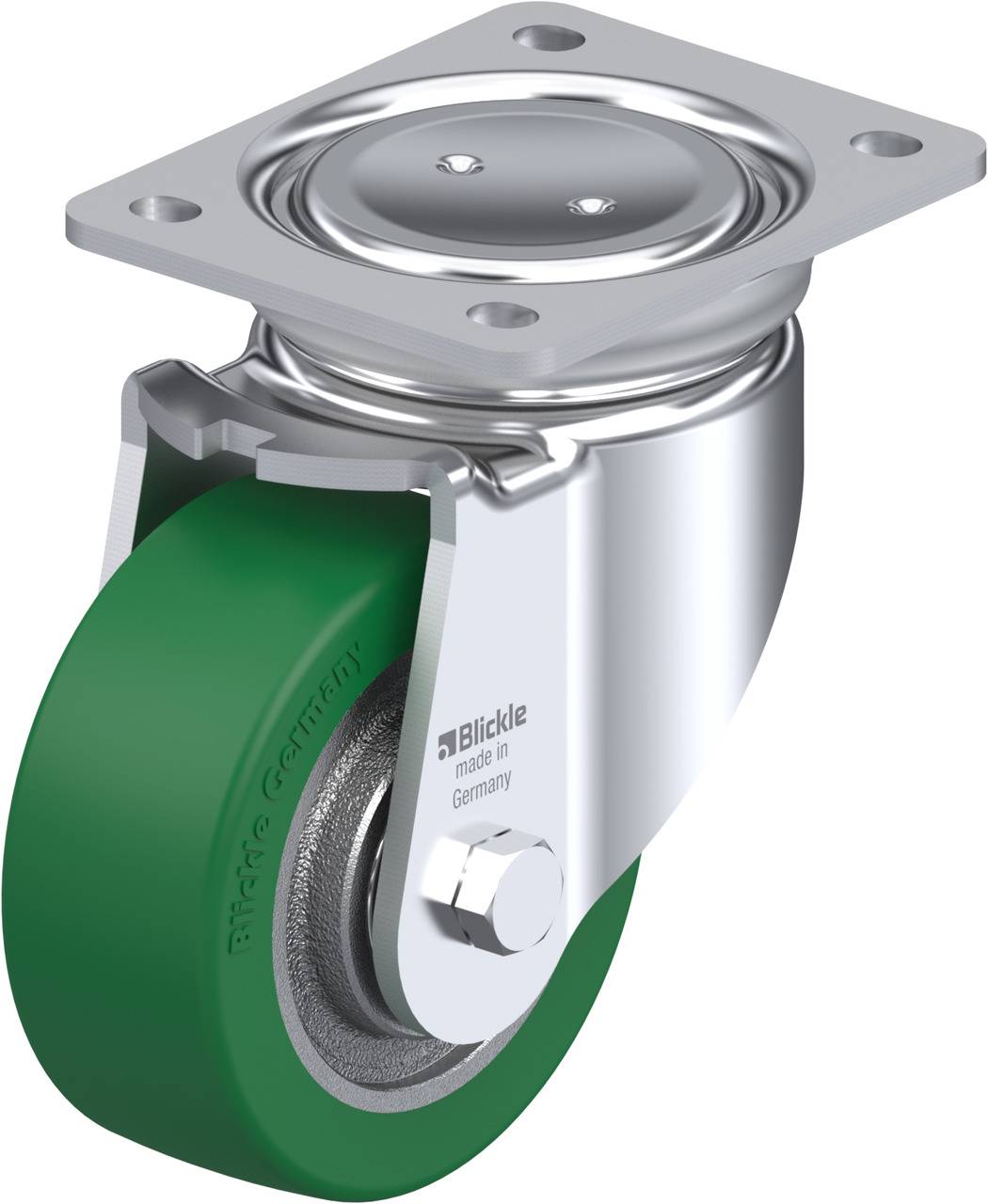 Ein grünes Rad mit Metallhalterung für Transportgeräte, hergestellt in Deutschland. Geeignet für schwere Lasten.