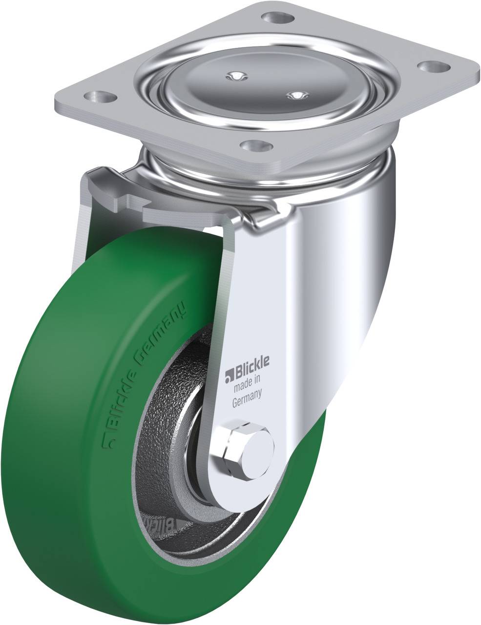 Industrie-Lenkrolle mit grünem Rad und Metallgehäuse, geeignet für schwere Lasten.