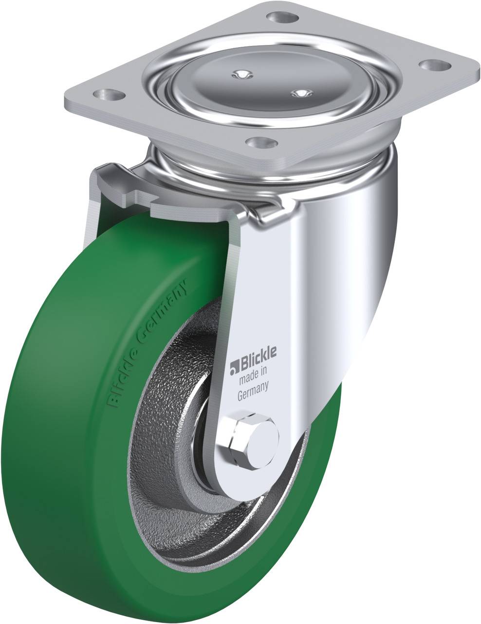 Schwenkrolle mit grüner Gummilauffläche und Metallbefestigung, geeignet für Transportwagen und mobile Ausrüstung.