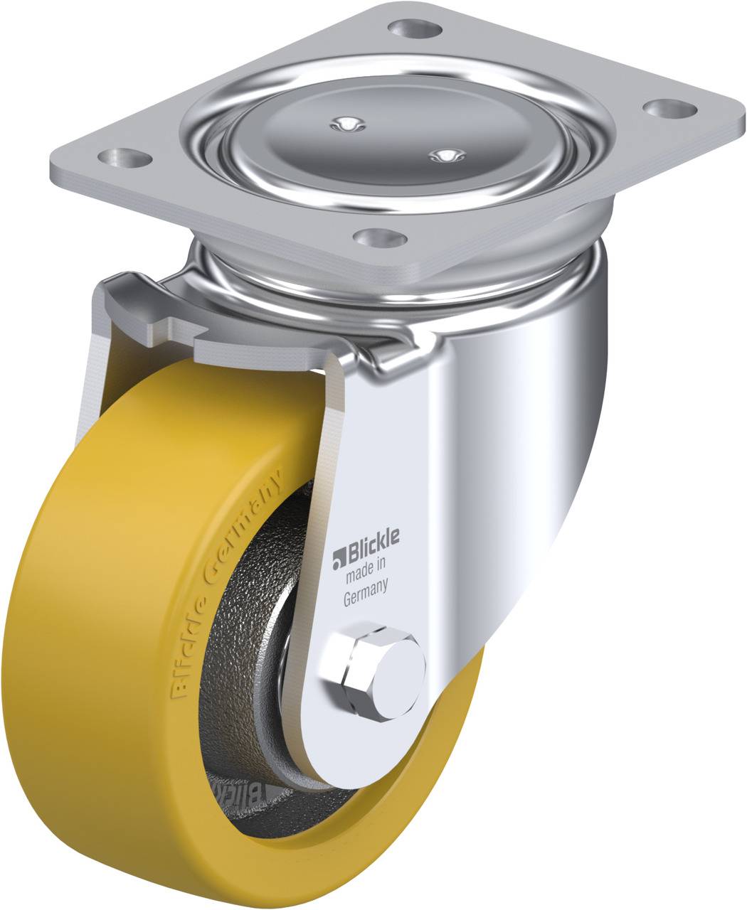 Ein silbernes Lenkrolle-Gehäuse mit gelbem Rad, geeignet für industrielle Anwendungen. Aufdruck: 'Blickle made in Germany'.