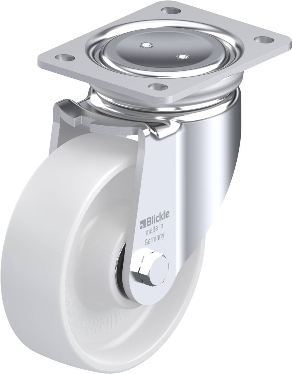 Kugelgelagerte Lenkrolle aus Metall mit weißem Rad, geeignet für Transportwagen. Markierung 'Blickle made in Germany' auf der Rolle.