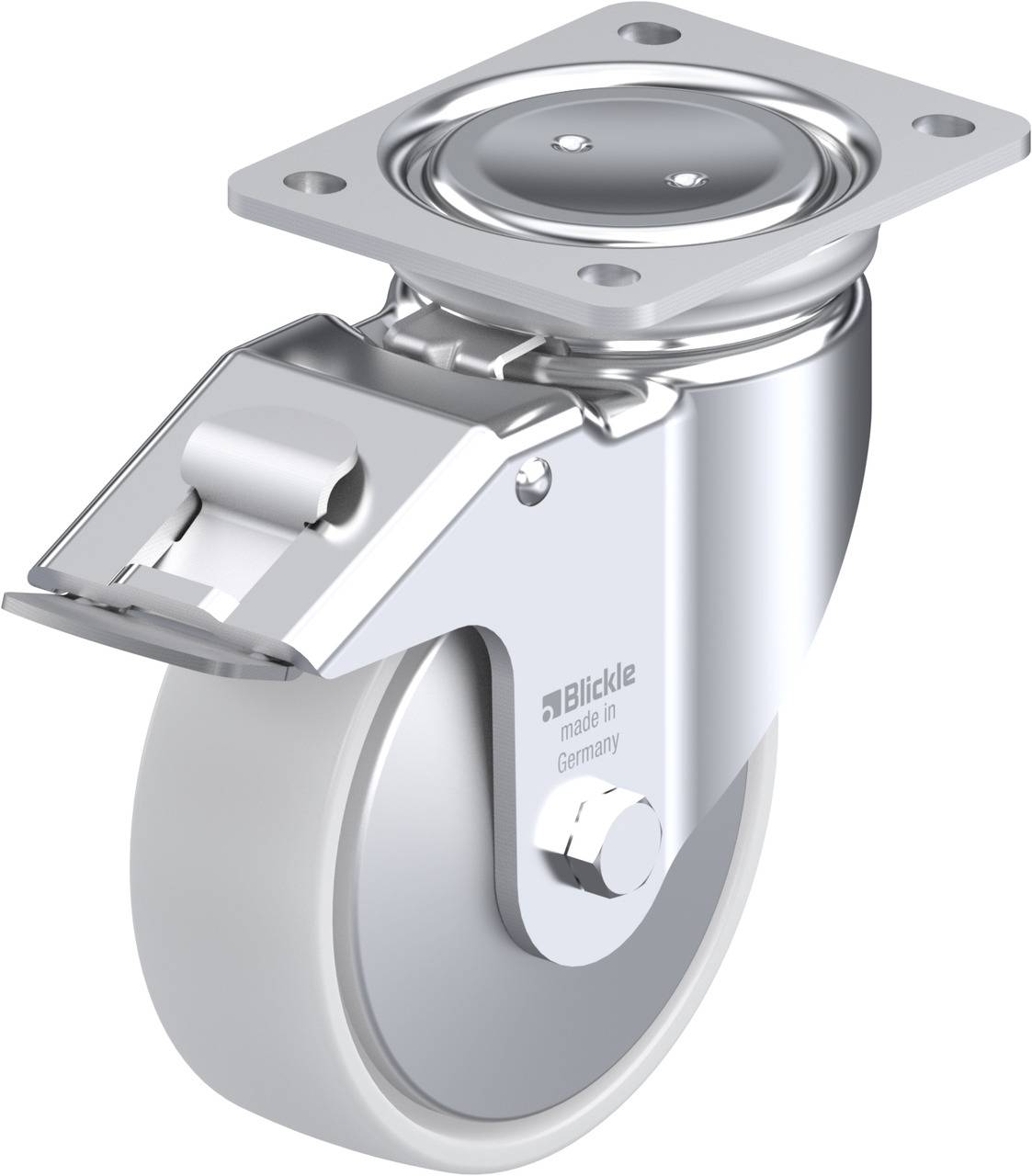 Metallene Apparaterolle mit grauem Rad und Montageplatte, geeignet für Transportwagen und industrielle Anwendungen.