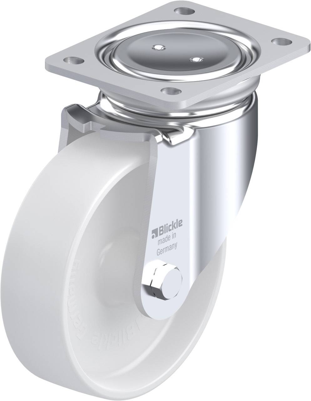 Eine drehbare Lenkrolle aus Metall mit weißem Rad, geeignet für Mobilität von Geräten oder Möbeln. Hergestellt in Deutschland.