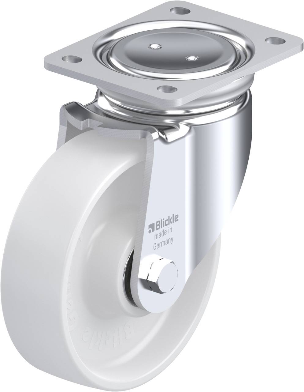 Schwenkrolle aus Metall und Kunststoff, Aufdruck 'Blickle made in Germany', geeignet für leichte bis mittelschwere Lasten.