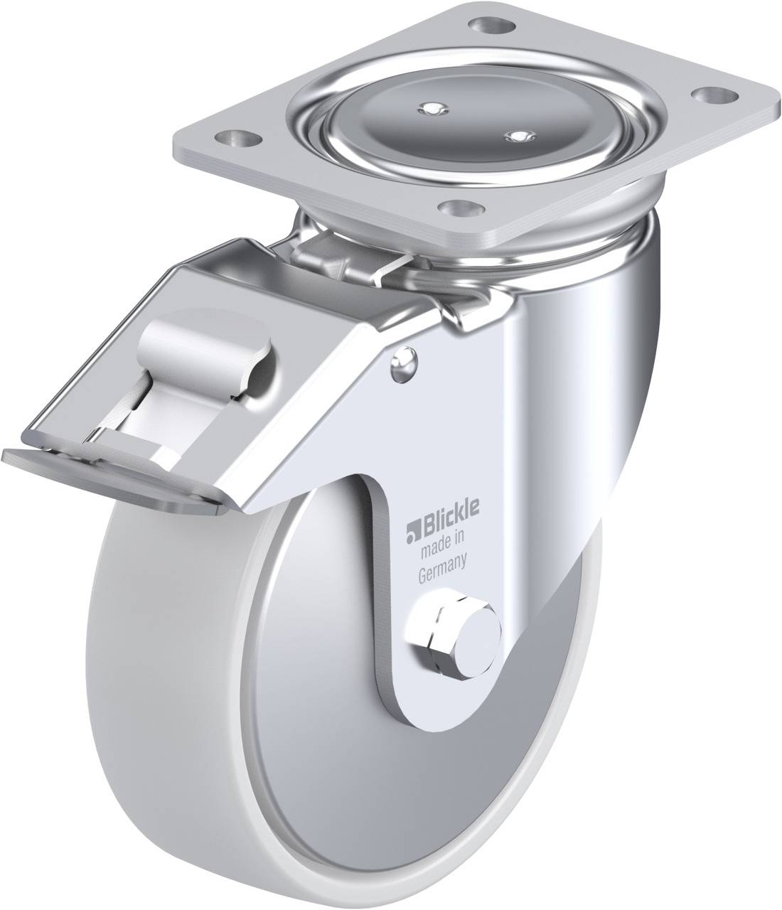 Schwenkrolle aus Metall mit grauem Rad, geeignet für industrielle Anwendungen. Oberteil mit Befestigungsplatte und Feststellbremse.