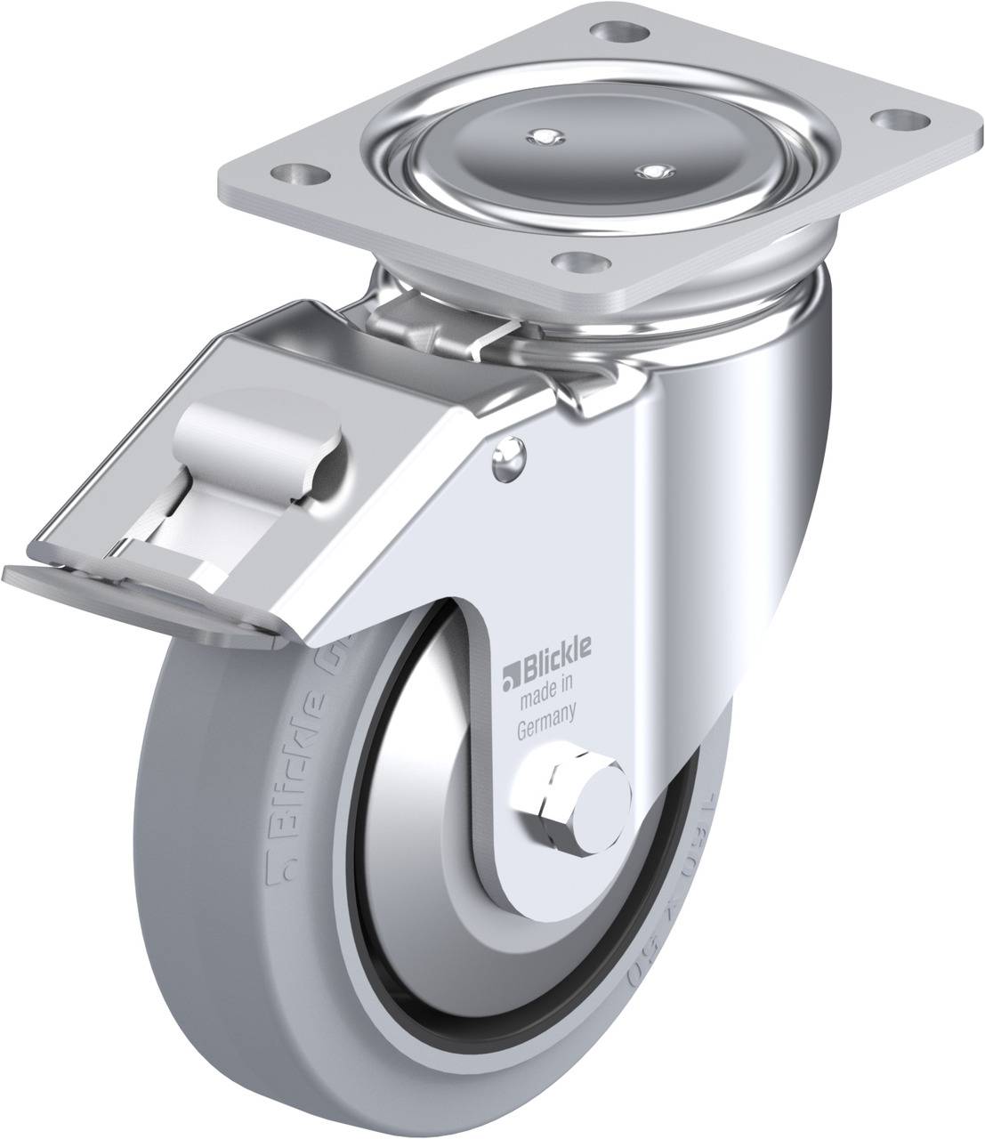 Schwenkrolle mit Bremse, silbern glänzendes Metall, graues Rad, von Blickle. Zum Befestigen an Möbeln oder Geräten für Mobilität.
