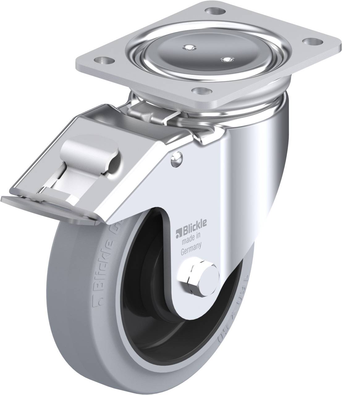 Schwenkrolle mit Bremse und grauer Gummilauffläche, geeignet für industrielle Anwendungen und Möbel. Hergestellt in Deutschland.
