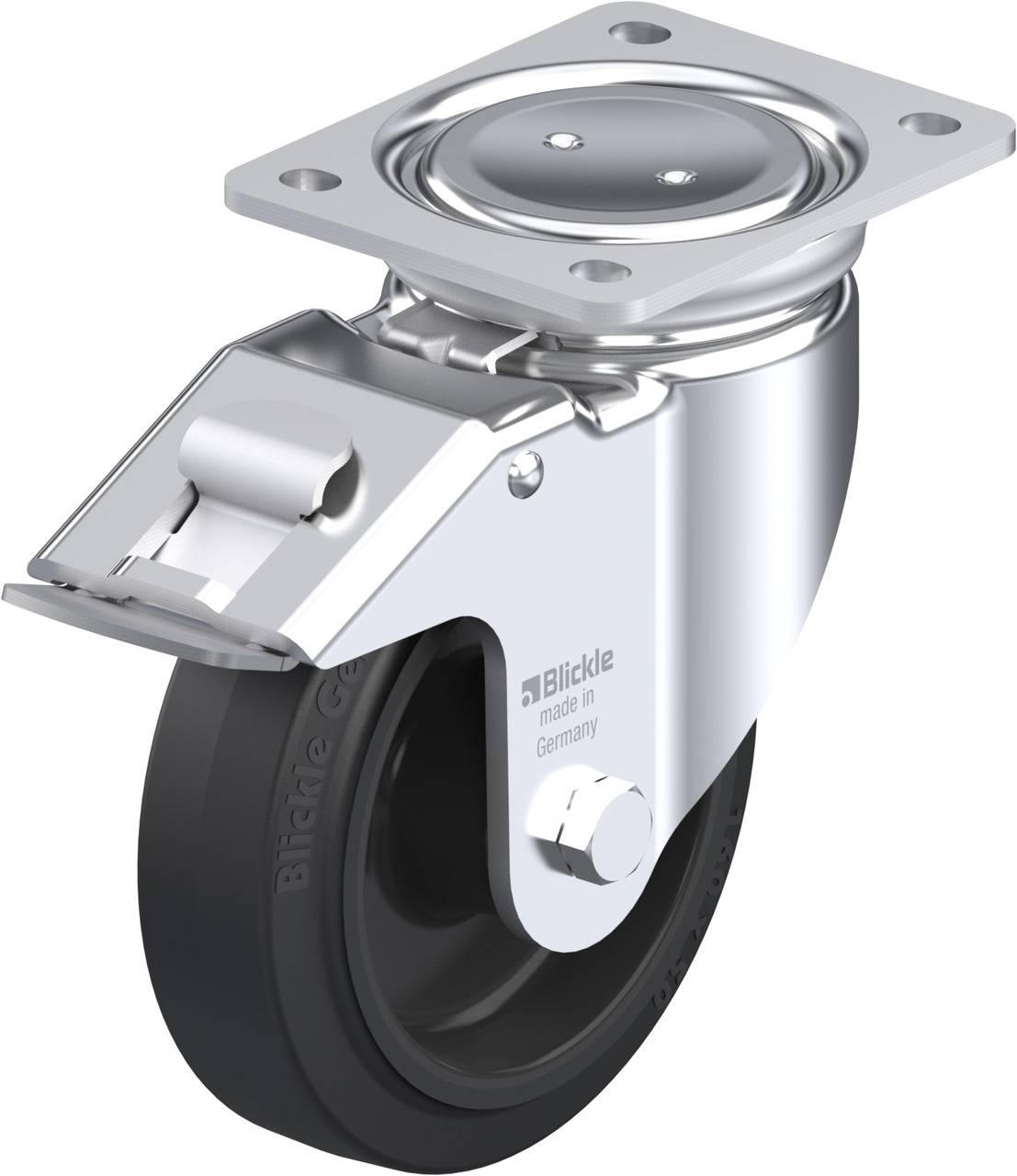 Schwenkrolle mit Bremse, robustes Gehäuse aus Metall, schwarzes Rad. Geeignet für schwere Lasten oder industrielle Anwendungen.