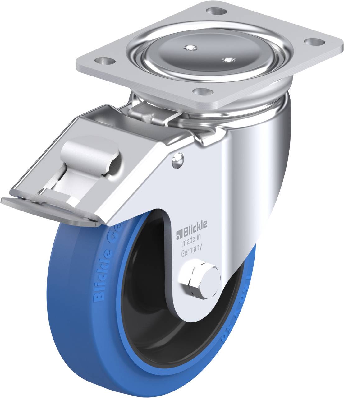 Metallschwenkrolle mit blauem Gummirad und rechteckiger Montageplatte, geeignet für Industrieanwendungen.