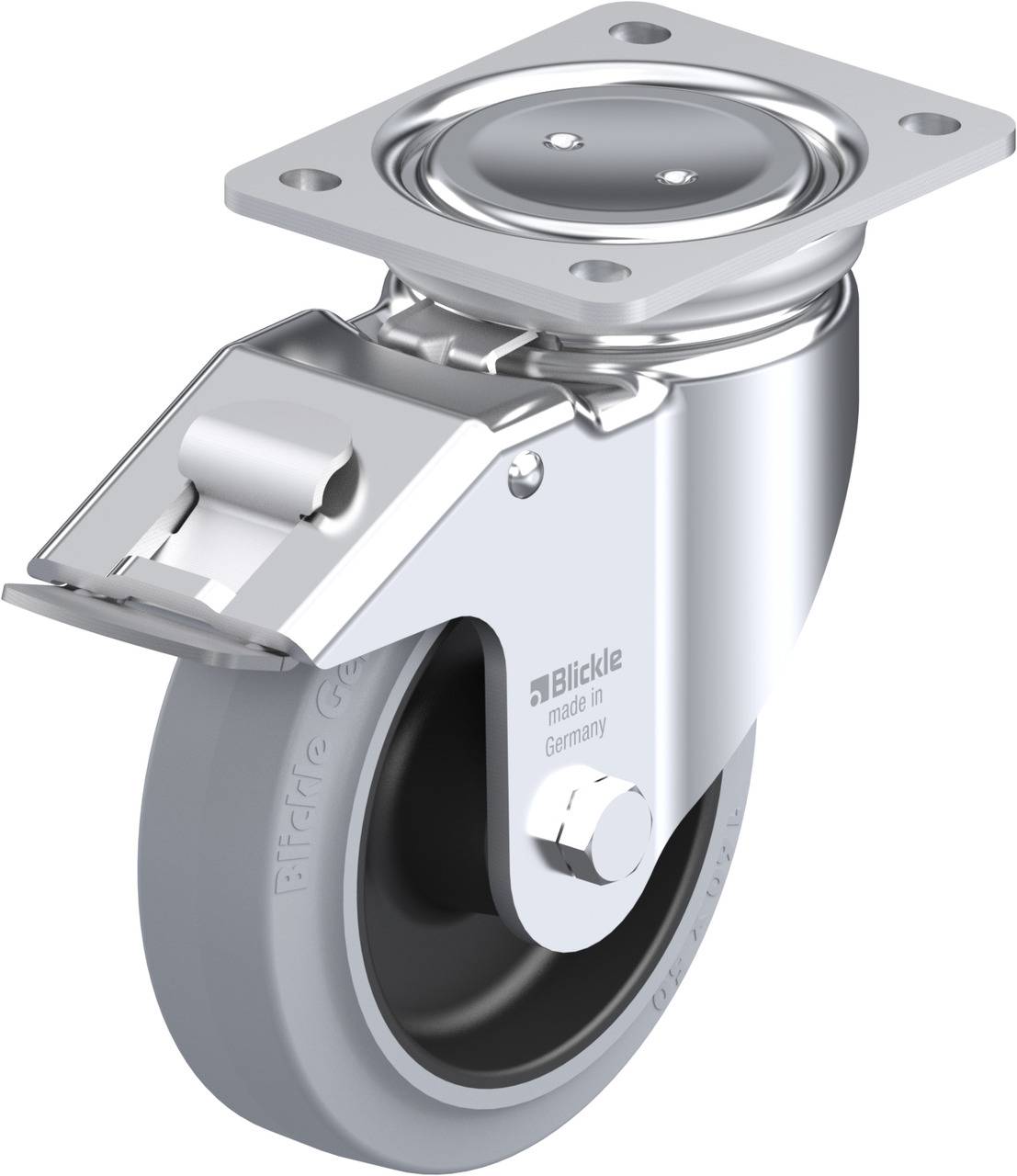 Metallrolle mit grauem Rad, montiert an einer Metallplatte, geeignet für Möbel oder Transportwagen; 'Blickle' Marke erkennbar.
