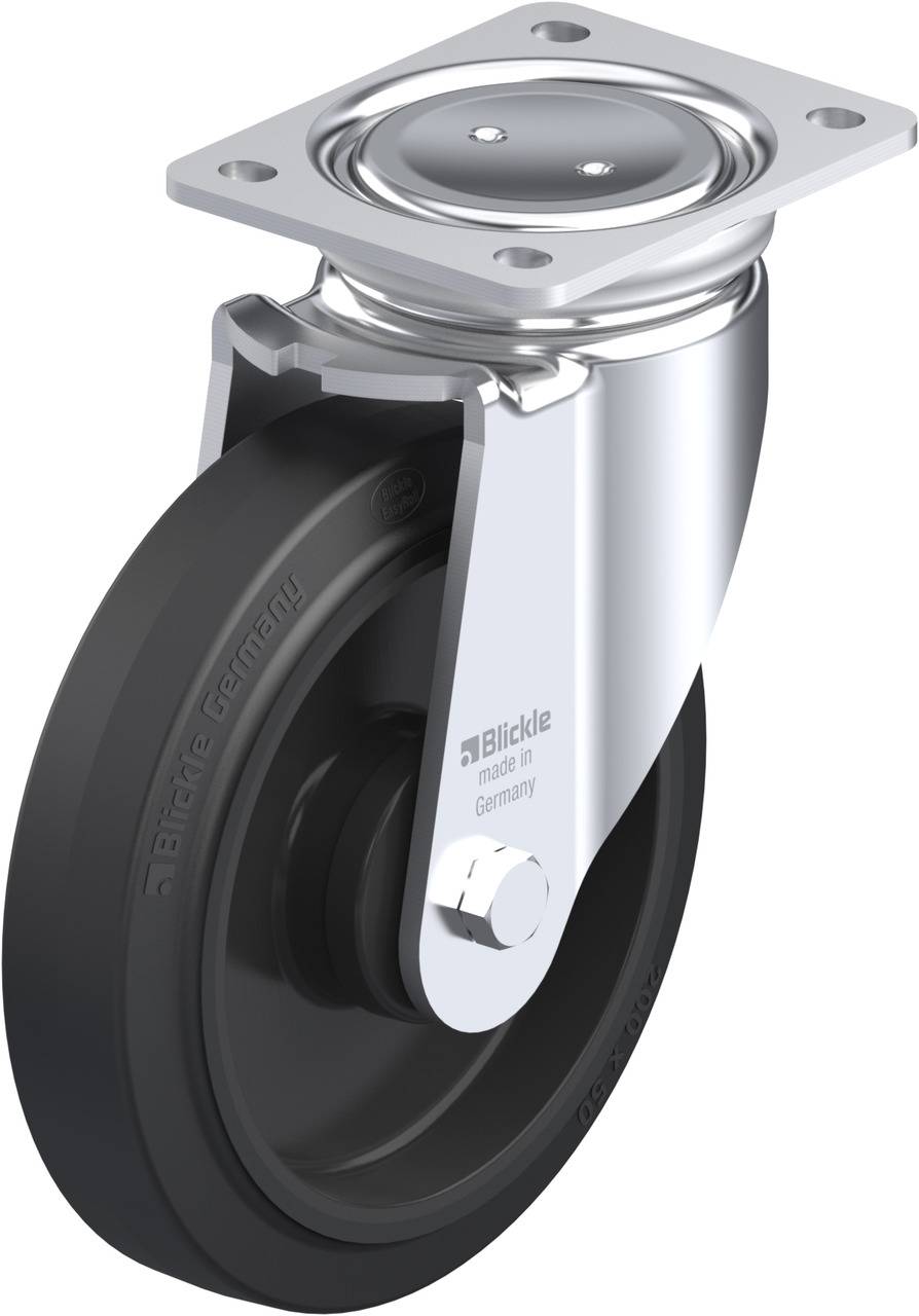Schwenkrolle mit schwarzem Rad und silbernem Gehäuse, geeignet für den Einsatz in Möbeln oder Industriegeräten. Marke auf Rad sichtbar.