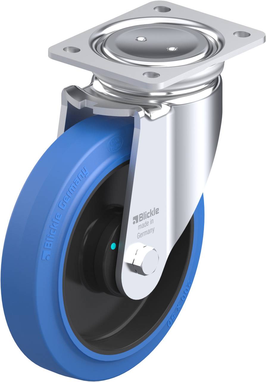 Metallrolle mit blauer Gummibeschichtung und Drehgelenk. Zeigt robustes Design für industrielle Anwendungen. Marke 'Blickle'.