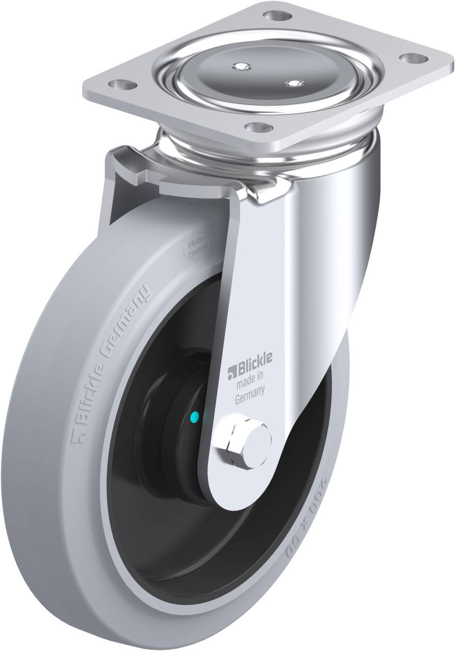 'Lenkrolle mit grauem Rad und Metallgehäuse, hergestellt von Blickle in Deutschland.''