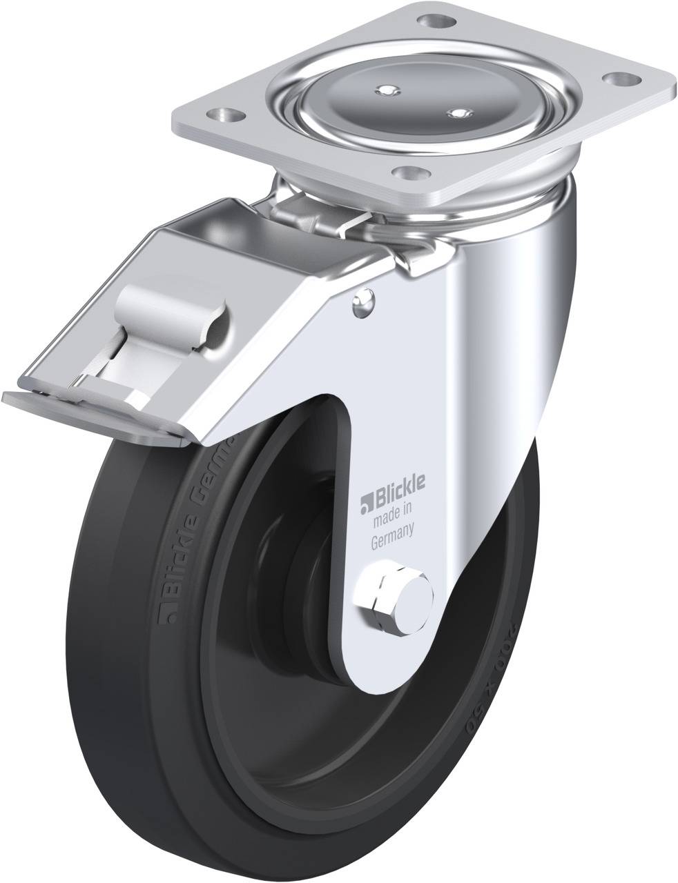 Metallisches Schwerlast-Rollenrad mit festem Befestigungsmechanismus, schwarzem Rad und einer gebremsten Stahlplatte für industrielle Anwendungen.