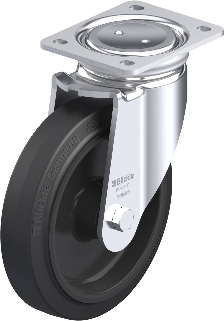 Schwenkrolle aus Metall mit schwarzem Gummirad, geeignet für schwere Lasten. Oberteil zur Befestigung an Möbeln oder Geräten.