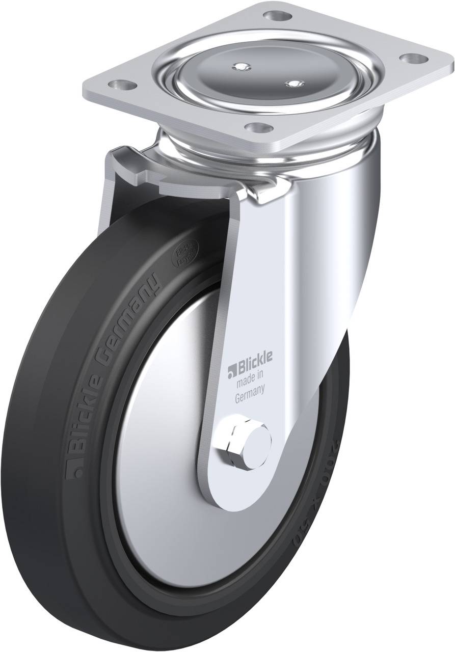 Schwenkrolle mit grauem Rad und silbernem Metallgehäuse, hergestellt in Deutschland von Blickle. Ideal für Transportwagen.