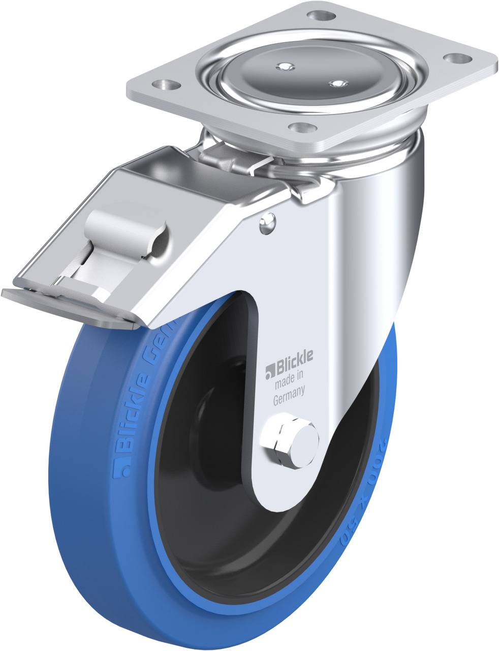 Eine blaue Transportrolle mit Metallgehäuse und Montageplatte, geeignet für Anwendungen in Industrie und Gewerbe.