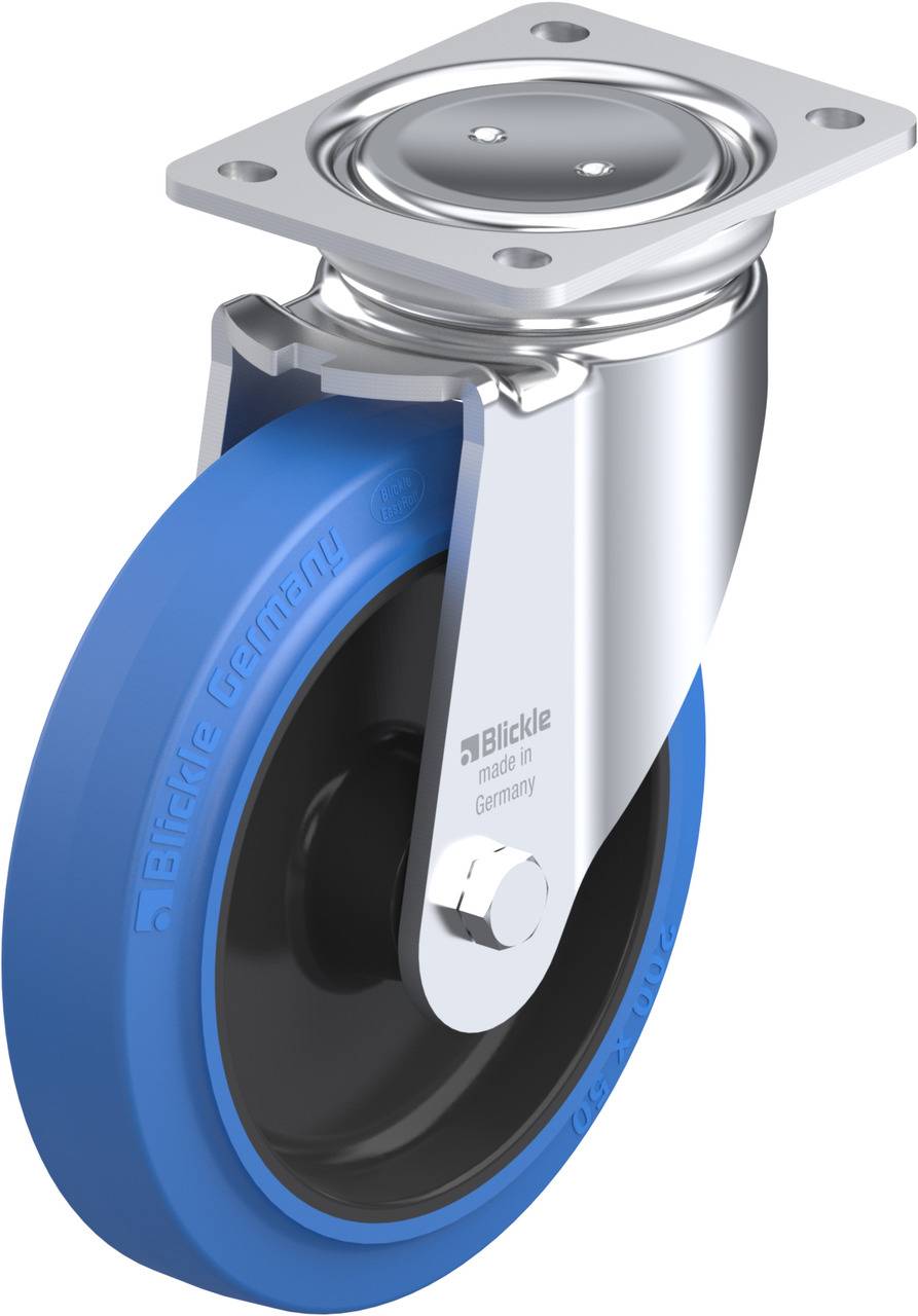 Industrie-Lenkrolle mit blauem Rad, silbernem Gehäuse und rechteckiger Befestigungsplatte. Markierung: 'Blickle Germany'.