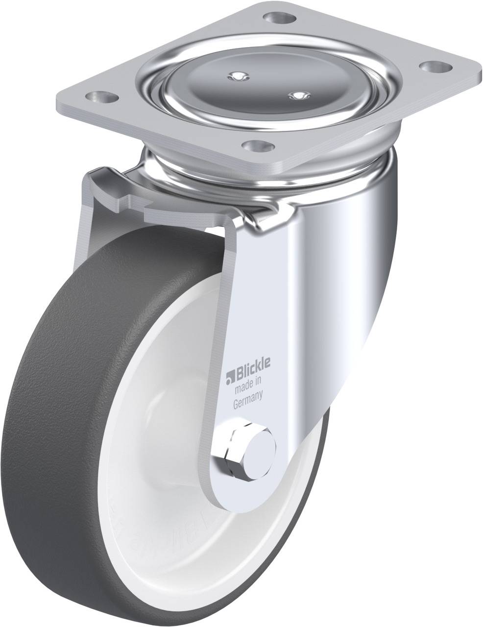 Schwenkrolle mit Metallschwenklager und Befestigungsplatte, geeignet für industrielle Anwendungen. Herstellerlogo auf Metallelement.
