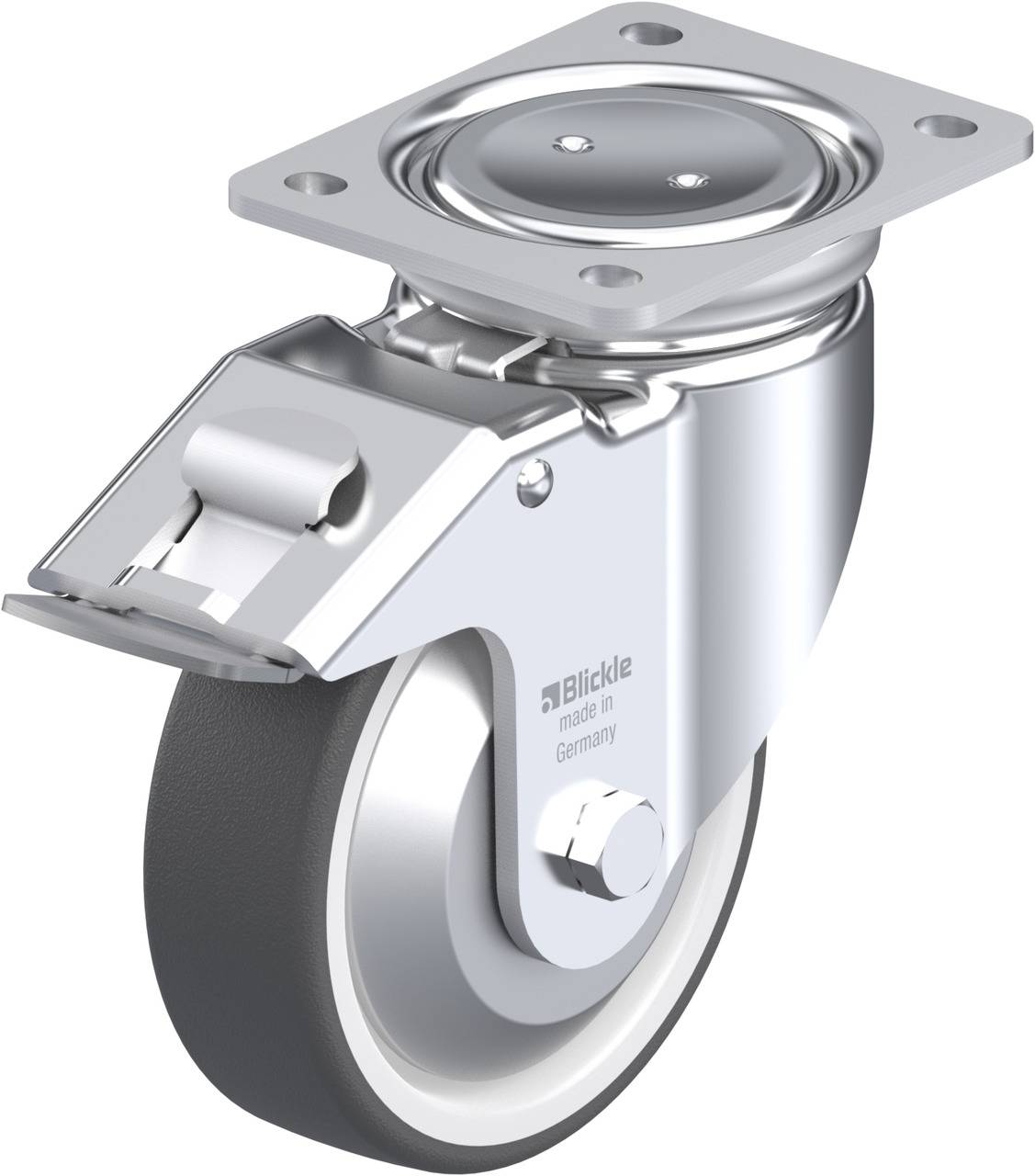 Drehbares Rollenrad aus Metall und Kunststoff. Geeignet für schwere Lasten. Verwendung in Industrie und Transport.