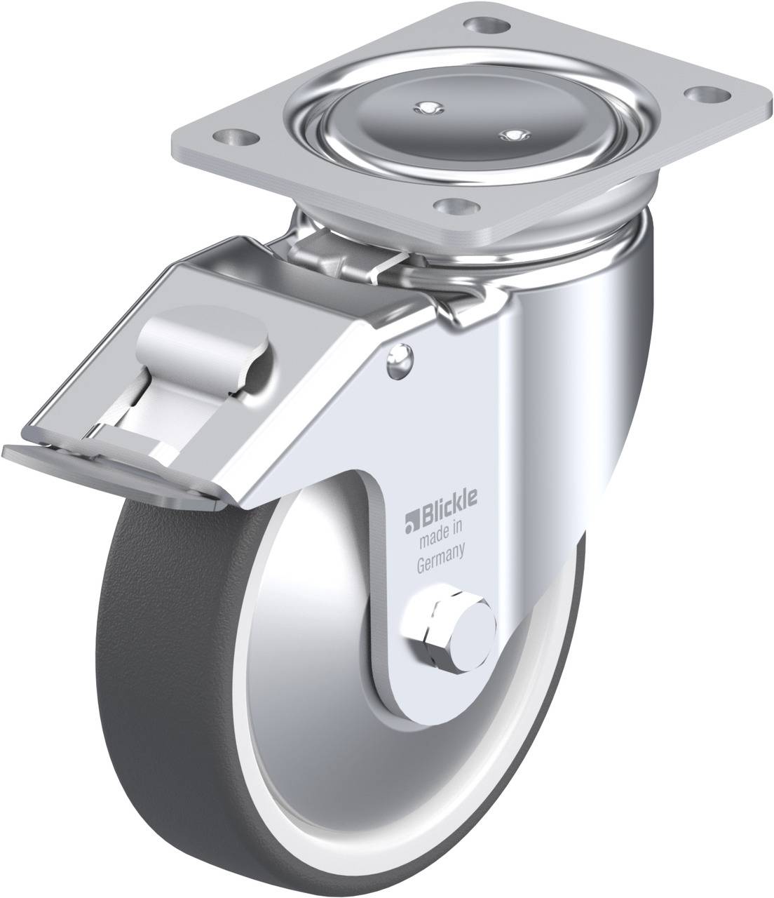 Metallrolle mit Befestigungsplatte und Bremse; Aufschrift 'Blickle made in Germany' sichtbar.