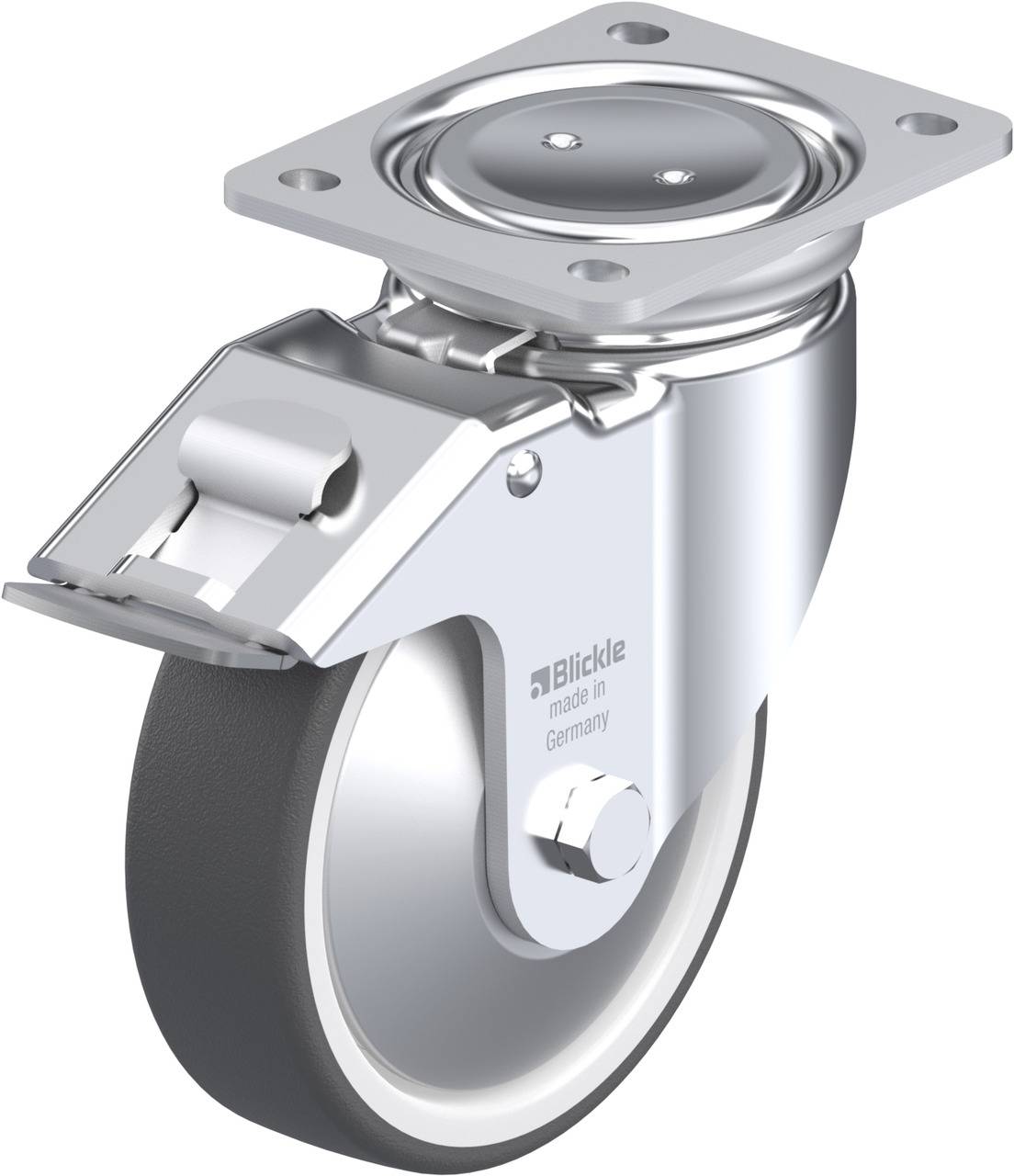 Metallrolle mit grauem Gummirad, montiert auf einer Metallplatte mit Schwenkgelenk und Bremse. Geeignet für industrielle Anwendungen.