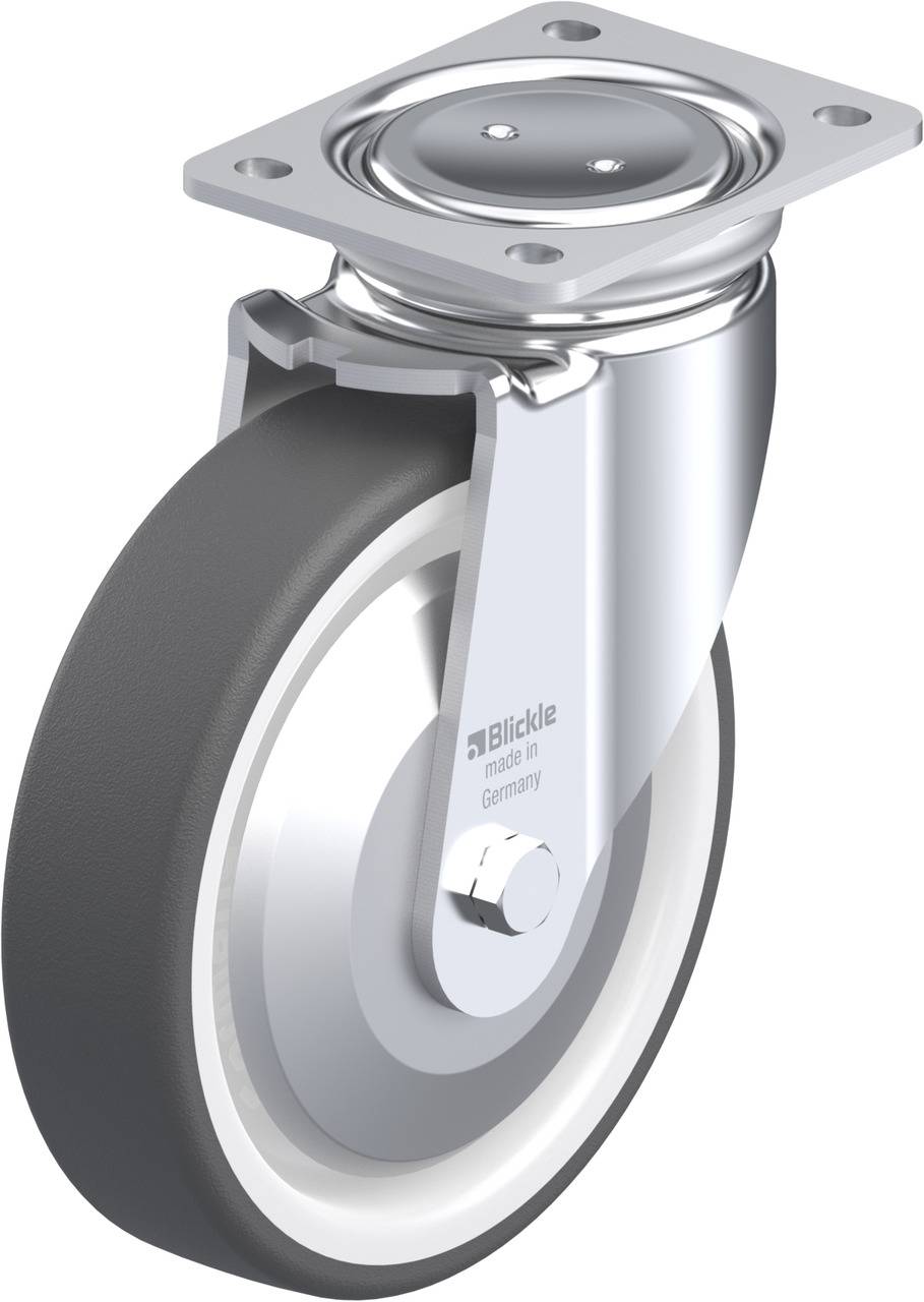 Industrie-Lenkrolle aus Metall mit schwarz-weißer Gummibereifung und Drehgelenk, geeignet für schwere Lasten, Hersteller 'Blickle'.