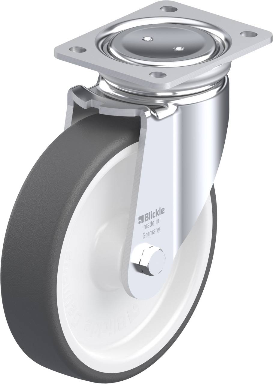 Lenkrolle mit silbernem Metallgehäuse, schwarzem Gummirad und weißem Kunststoffkern. Oberseite mit Befestigungsplatte.