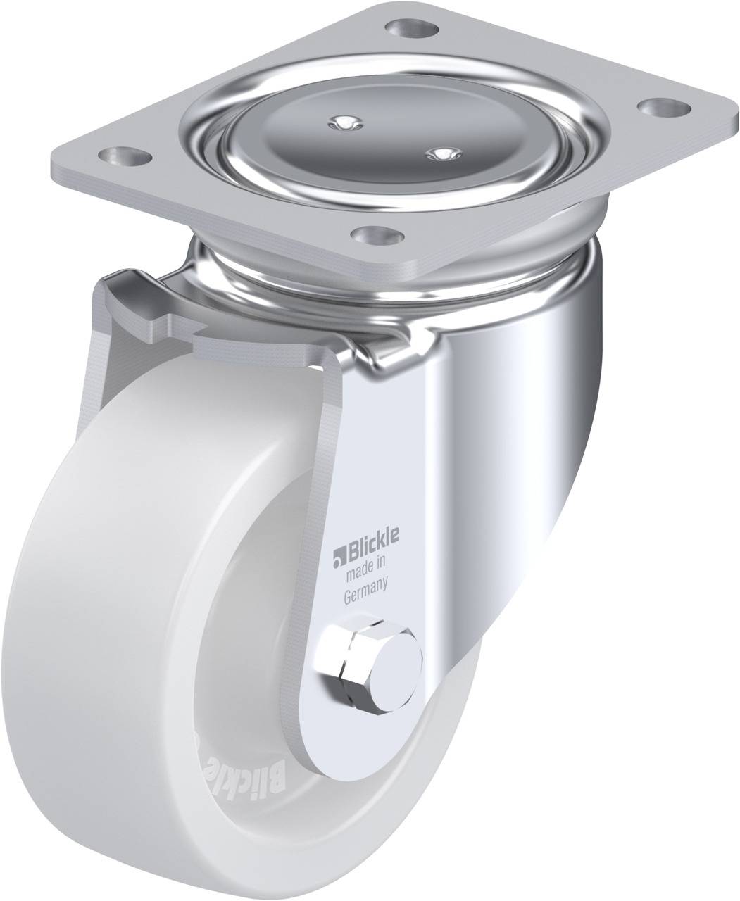 Ein silbernes Lenkrollenrad mit weißem Rad. Auf der Halterung steht 'Blickle made in Germany'.