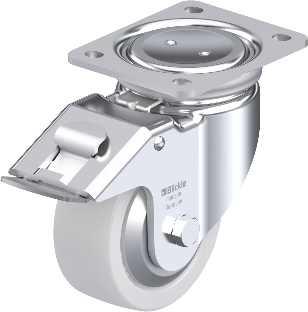 Schwenkbares Rollenrad aus Metall mit Befestigungsplatte, Hebel und Bickel-Logo. Verwendet für bewegliche Möbel und Geräte.