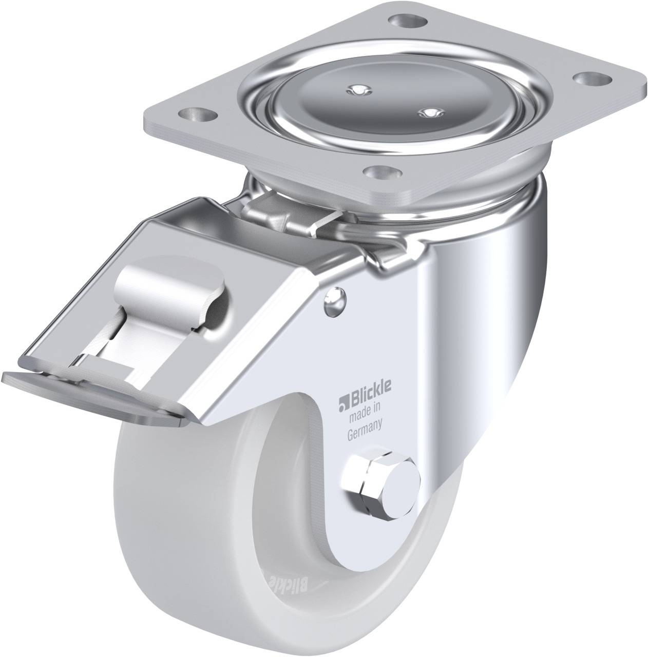 Metallisches Lenkrolle mit Bremse, montiert auf einer Platte. Designed für Möbel oder Transportgeräte für Bewegung und Stabilität.