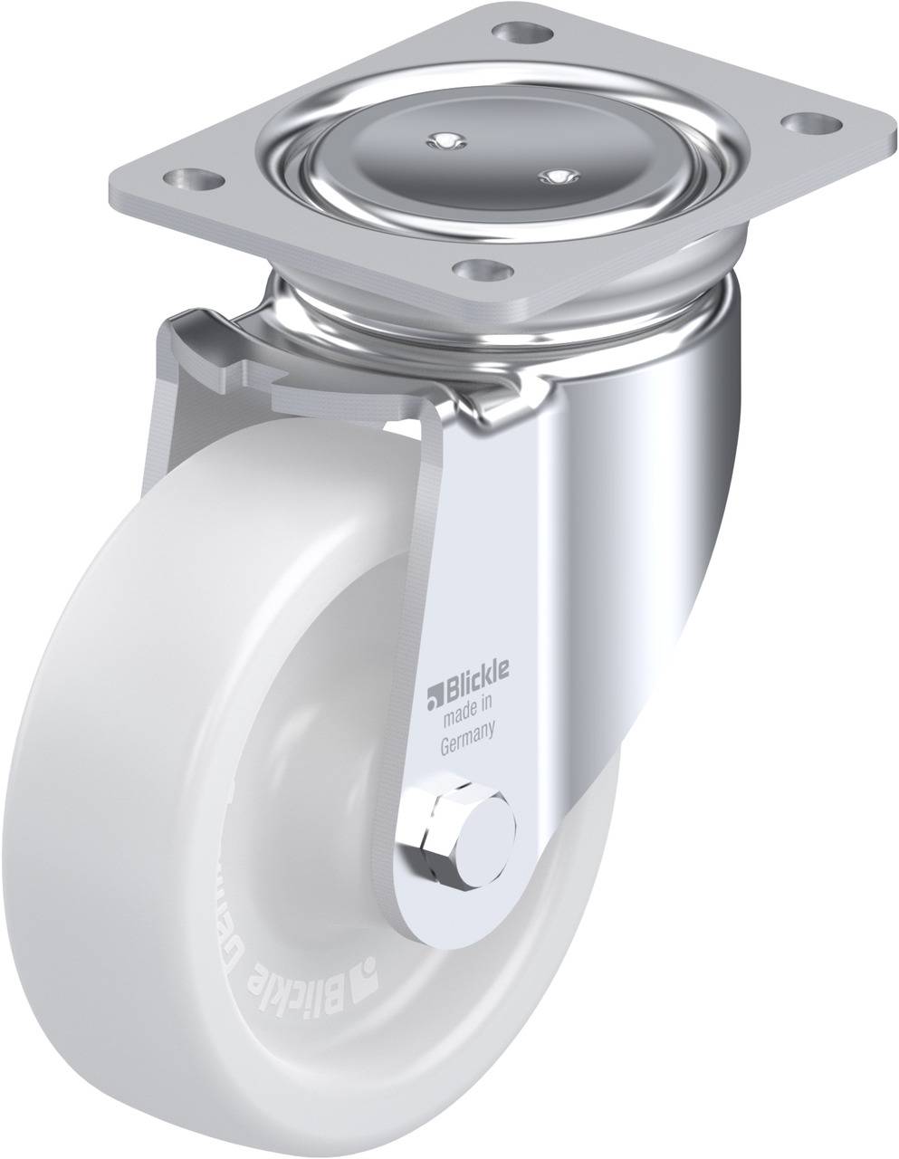 Schwenkrolle mit weißem Rad und Metallgehäuse. Aufschrift 'Blickle made in Germany' auf der Seite sichtbar.