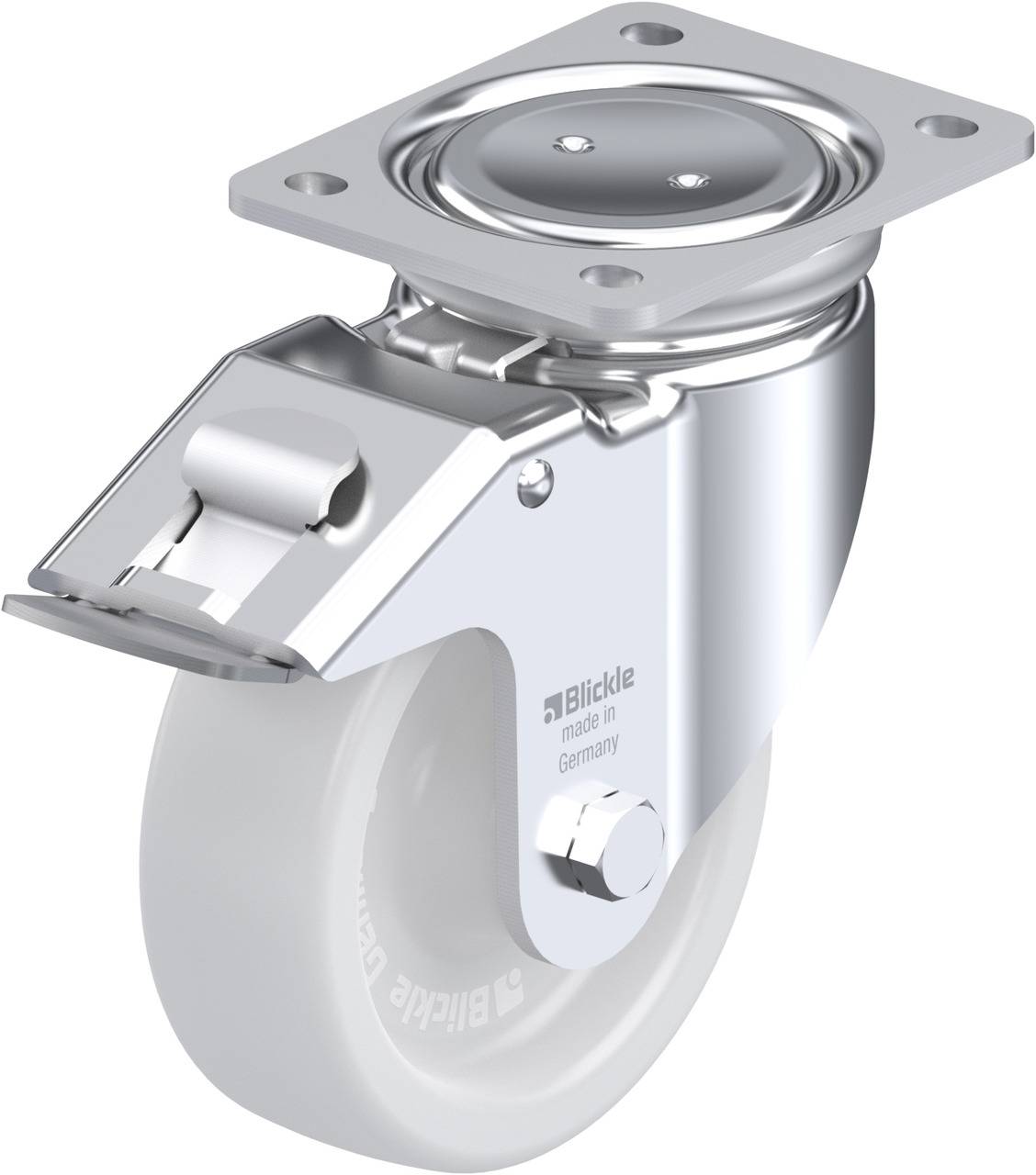 Chromatisches Design eines Schwerlast-Schwenkrads aus Metall mit Befestigungsplatte und Bremse, für industrielle Anwendungen geeignet.
