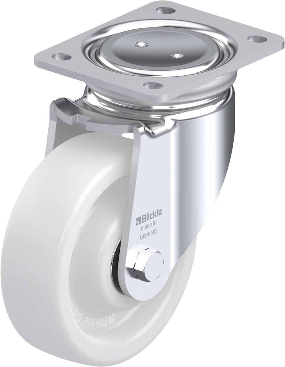 Industrie-Schwenkrolle mit weißem Rad und Metallgehäuse, Marke 'Blickle', eingebauter Befestigungsplatte oben.