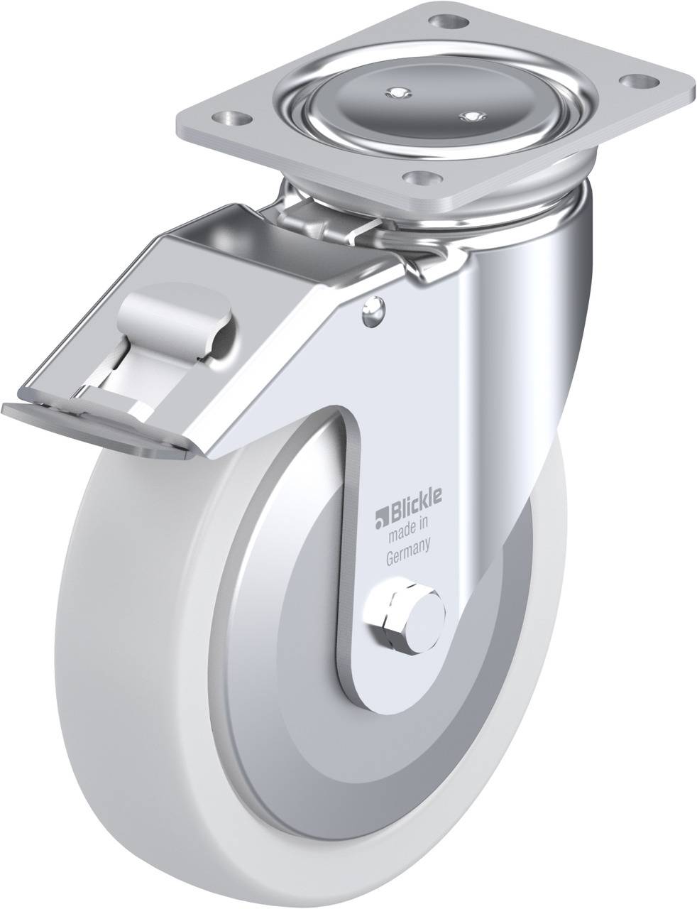 Rolle mit Metallgehäuse und Bremse, designed für industrielle Anwendungen. Markierung zeigt 'Blickle, Made in Germany'.