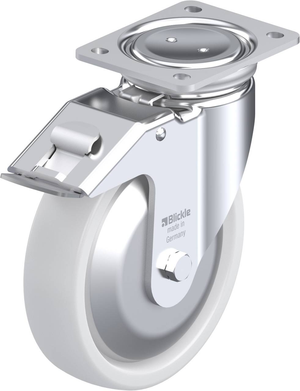 Drehbares Transportgerät-Lenkrolle mit festem Gehäuse. Silberne Metallverkleidung mit grauem Rad. Geeignet für industrielle Anwendungen.
