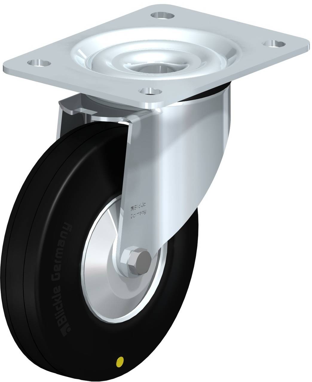 Schwenkrolle mit schwarzem Rad und rechteckiger Metallplatte zur Befestigung. Geeignet für den Einsatz an Möbeln oder Transportwagen.