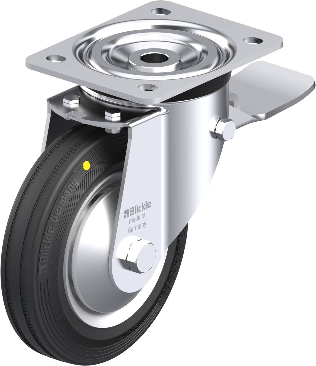 Schwenkbare Rolle aus Metall mit schwarzem Gummirad, geeignet für Wagen oder Möbel. Oben flache Montageplatte zur Befestigung.