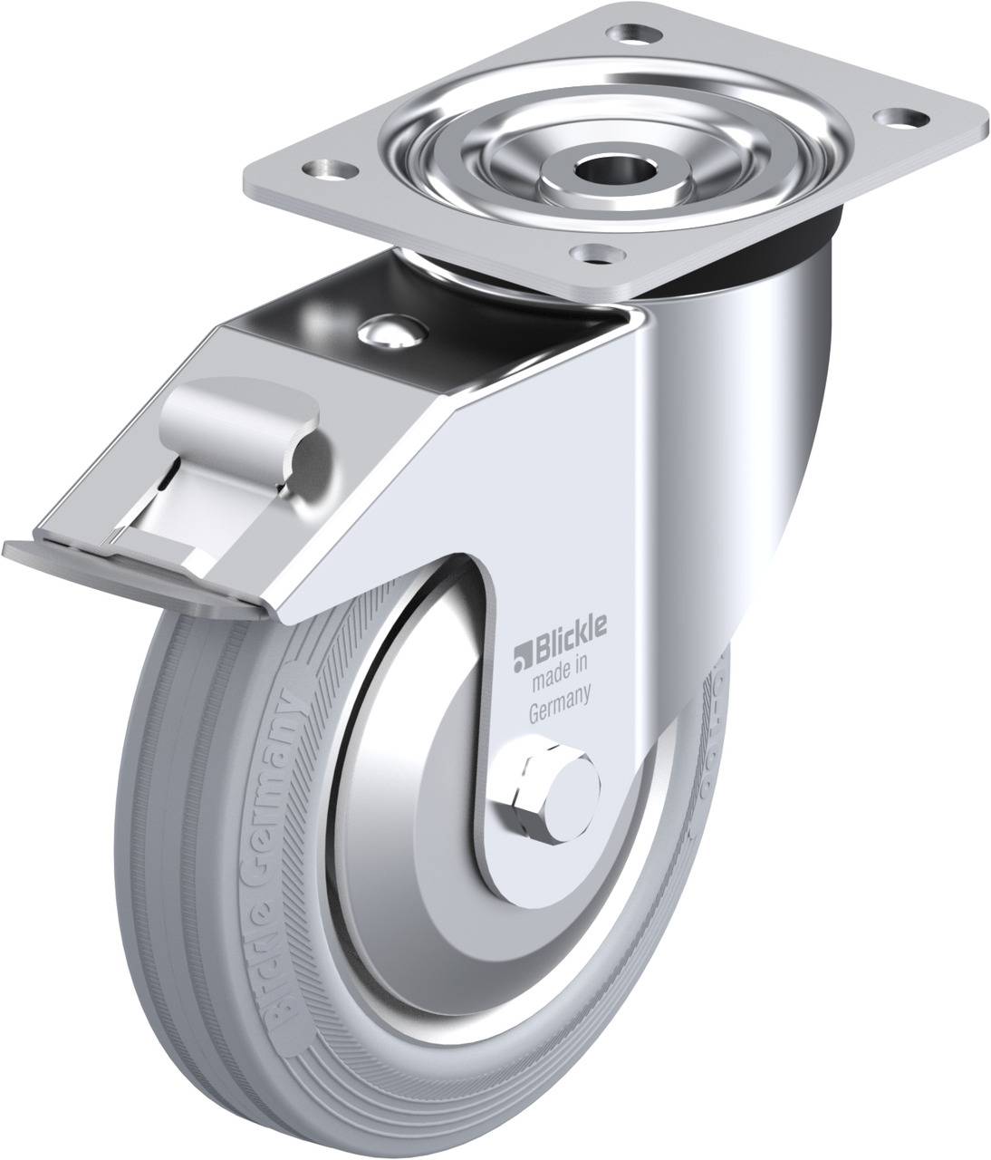 Schwenkrolle aus Metall mit grauem PU-Rad und Befestigungsplatte, für industrielle Anwendungen in Bewegungssystemen.