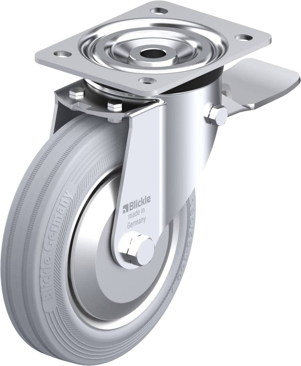 Eine graue Lenkrolle mit Metallplatte zur Befestigung. Auf der Rolle steht 'Blickle made in Germany'. Sie hat eine Bremse an der Seite.