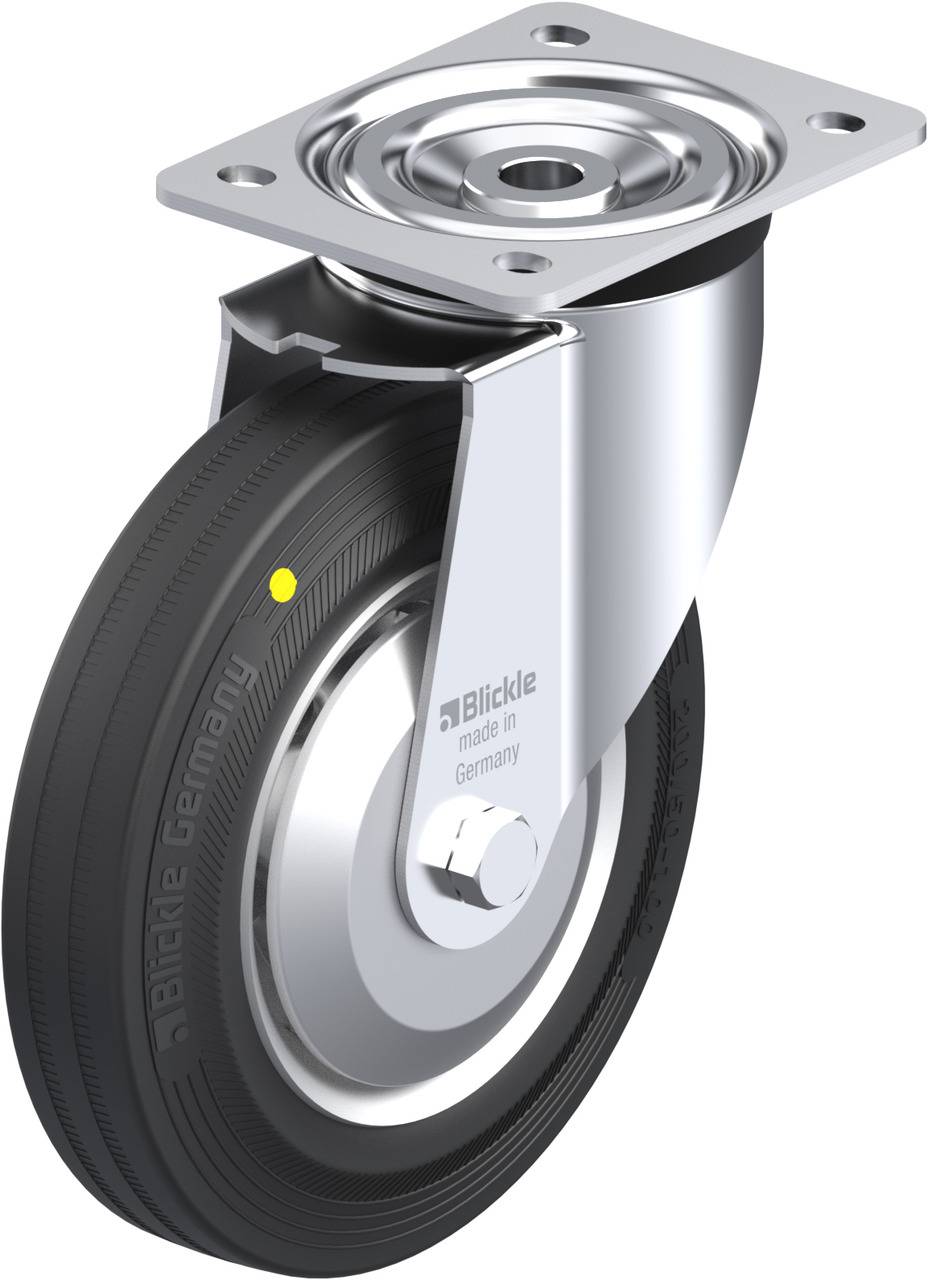Ein einzelnes, drehbares Transportrollrad aus Metall und Gummi mit einer Montageplatte, markiert mit 'Blickle made in Germany'.
